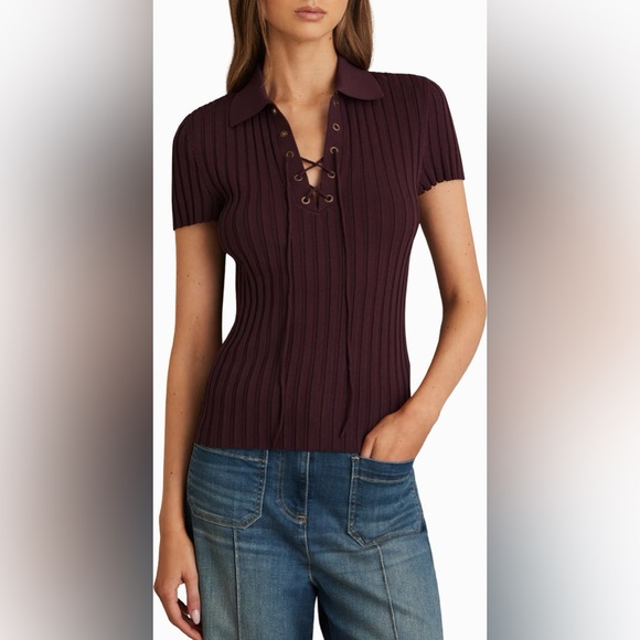 Reiss Tops - REISS Poppy Lace-Up Polo Sweater- Burgundy (size L)